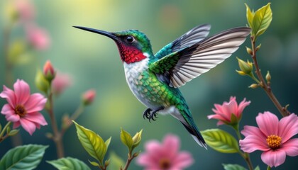 Fototapeta premium vivid hummingbird in an illustrative style, using emerald and ruby tones, delicate lines, natural patterns, tranquil setting, high resolution