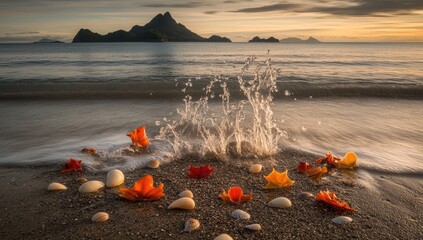 Seashells, autumn leaves, and waves crash on a sandy beach at sunrise