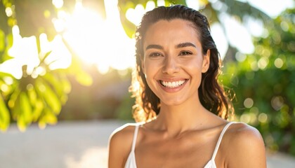 Young woman smiling brightly against a sunlit tropical background surrounded by lush greenery