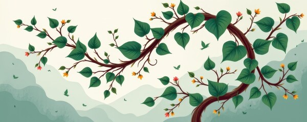 vivid curling vine in an illustrative style, using jade and espresso tones, delicate lines, natural patterns, tranquil setting, high resolution