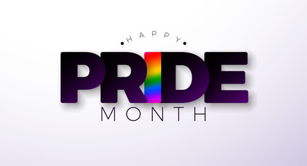 Happy Pride Month Design with Rainbow Flag Pattern in 3d Text Label on White Background. Love is Love Human Rights or Diversity Concept. Vector LGBTQ Event Banner Design for Postcard, Banner, Greeting