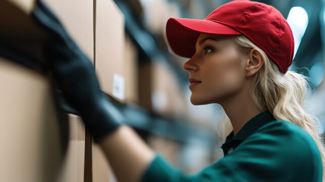 A dedicated warehouse worker with a red cap focuses intently while organizing boxes, exemplifying hard work, diligence, and the modern logistics environment in retail or supply chain management. - Powered by Adobe