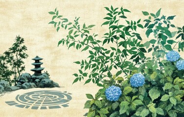 Zen garden scene with pagoda, plants, and stones