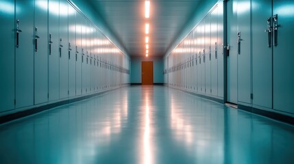 A clean and modern corridor lined with sleek metal lockers creates a calming setting, ideal for studying or reflecting on academic experiences in an educational environment.
