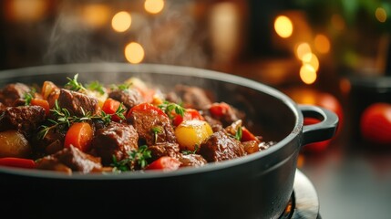 A steaming pot of flavorful beef stew filled with hearty vegetables exudes warmth and comfort, inviting anyone to enjoy a nourishing meal on a cozy evening.