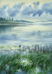 Lake water and grass abstract watercolor background
