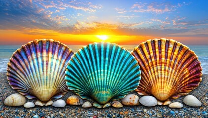 Seashells on beach at vibrant sunset