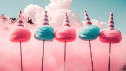 Colorful cotton candy cones in a cloud of pink and blue