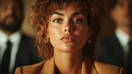 A poised and confident businesswoman sits in a modern setting, embodying professionalism and determination while emphasizing empowerment and ambition in her demeanor.