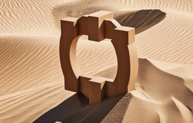 Light beige wooden structure in desert sand.  A geometric, architectural form, centered in a dune