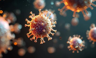 Detailed view of a red coronavirus particle, Red spiked virus cells floating, Microscopic view of a pink virus particle - Powered by Adobe