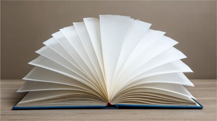 Open book with blank pages fanned out wooden surface