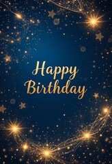 Midnight blue background with scattered golden stars, glowing constellations, and shimmering dust trails for a celestial birthday scene.


