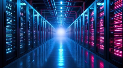 Fototapeta premium Cyberpunk high-tech server room with ambient lighting