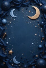 Galaxy-inspired flat lay with deep indigo tones, crescent moon shapes, soft gold sparkles, and minimal party decor glowing subtly.