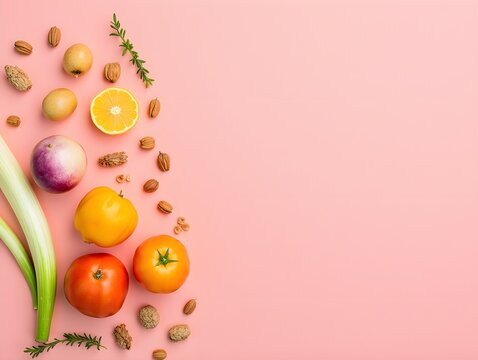 Fresh Colorful Vegetables and Nuts on Pink Background