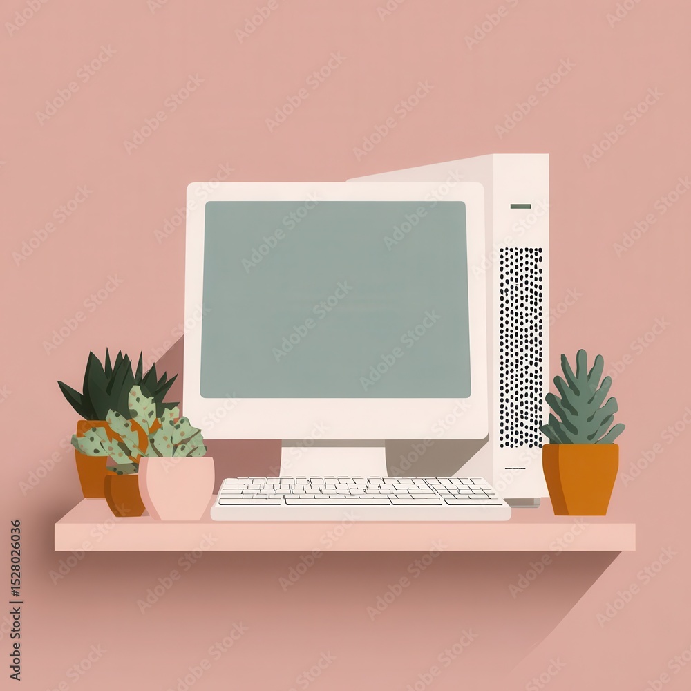 Poster a desktop workspace with a vintage computer and succulents.