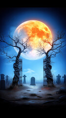 Full moon rising over spooky graveyard with barren trees