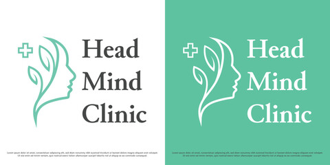 Mind health logo design illustration. Woman silhouette leaf plus health. Mental health clinic geometric icon symbol abstract simple minimal.