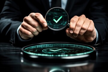 Businessperson examines a holographic checkmark through a magnifying glass