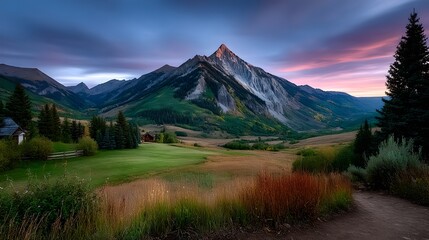 Fototapeta premium Majestic Mountain Valley Sunrise Landscape with Cabins and Lush Green Grass