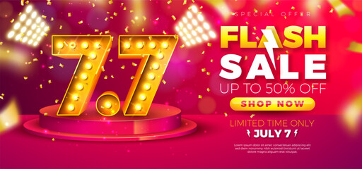 7 July Shopping Day Flash Sale Design with 3d 7.7 Number, Light Bulb Billboard and Stage Podium on Red Background. Vector Summer Special Offer 50 Percent Off Campaign Discount Illustration for Coupon