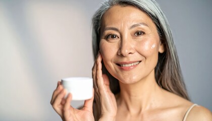 Smiling mature woman applying skincare cream, showcasing healthy skin and beauty routine against soft gradient background