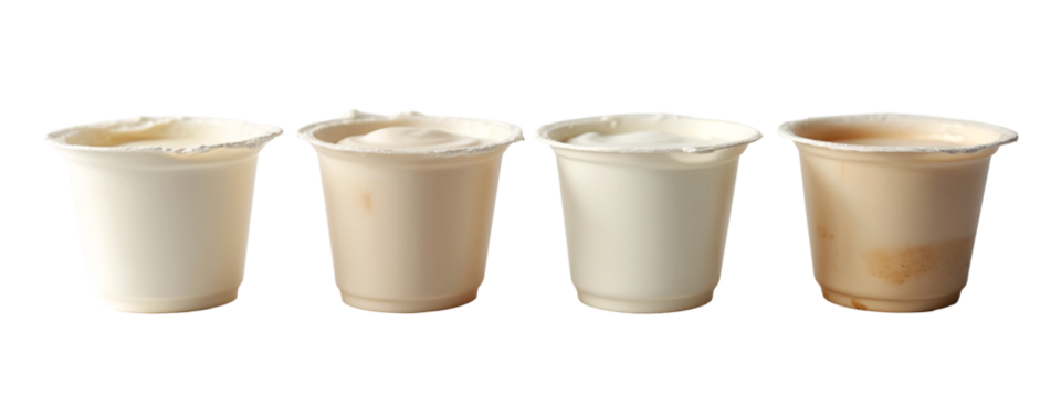 A row of four white paper cups with cream on them.