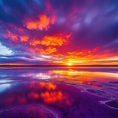 Vivid sunset over tranquil lake reflecting fiery clouds