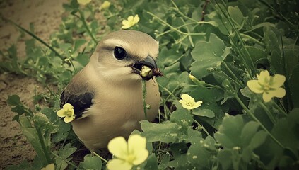 Small bird amongst wildflowers, focused on food