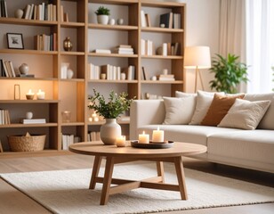Minimalist Living Room Design Cozy Interior with Wooden Coffee Table and Bookshelves