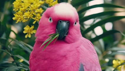 Close-up of vibrant pink parrot eating grass amidst flowers