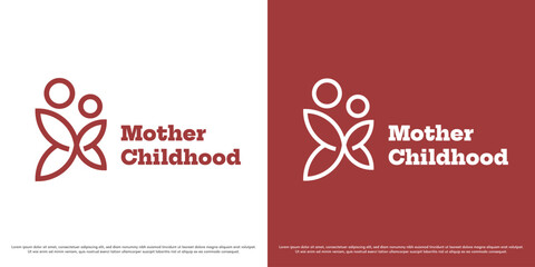 Mother child birth logo design illustration. Mother child butterfly silhouette. Simple minimal motherhood icon symbol.