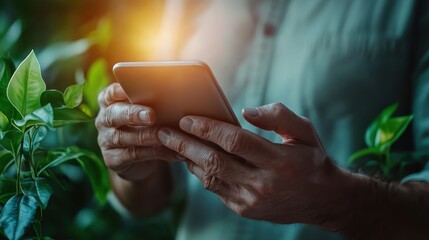 A man interacts with his smartphone amidst lush green leaves, representing the connection between technology and nature, highlighting modern lifestyle and communication in the digital age.