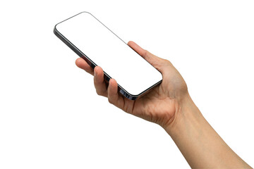 Asian woman holding smartphone in hand with blank screen isolated on white background with clipping path.
