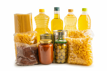 Foodstuffs in donation box isolated on white background with clipping path.