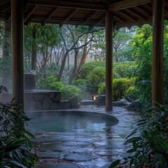 Outdoor onsen, misty garden setting