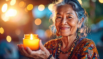 Smiling elderly woman holding a glowing candle, wearing colorful jewelry and an intricate patterned garment, with warm bokeh background
