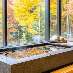 Autumn leaves in a modern hot tub with a forest view