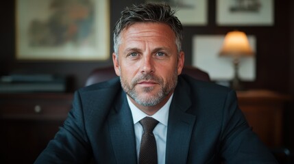 A focused businessman in a tailored suit exudes confidence in a modern office setting, symbolizing professionalism and leadership in today's corporate world.