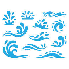 Obraz premium Blue Water Waves and Splashes Vector Set on White Background Graphic Elements