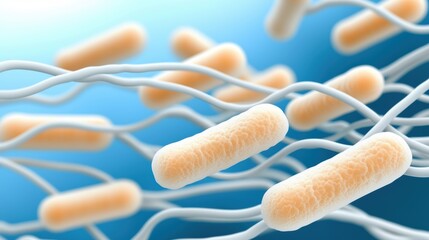 A close-up 3D illustration of rod-shaped bacteria with flagella, shown in orange against a blue background