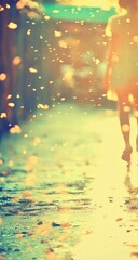 Autumn rain, blurred figures walking on wet pavement