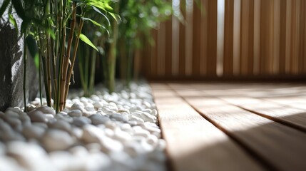 An artistic shot of bamboo plants alongside smooth white pebbles on a wooden floor, offering a serene, zen-like atmosphere that embodies tranquility and nature's beauty.