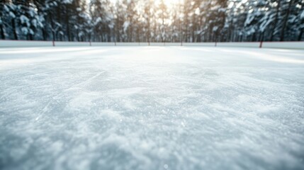 An expansive view of an ice hockey rink amidst a winter forest, inviting players and fans to embrace a chilly yet exhilarating sport in a breathtaking snowy environment.
