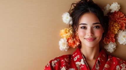 Fototapeta premium A cheerful woman in a beautiful floral kimono surrounded by vibrant flowers, radiating joy and cultural beauty with a warm and inviting atmosphere that captivates the viewer.