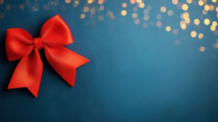 Red bow on blue background with soft golden lights for festive occasions