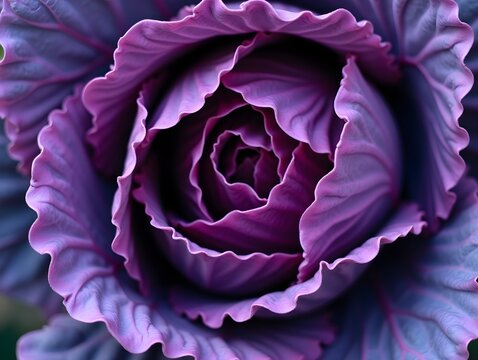 Close up view of vibrant purple cabbage leaves showcasing intricate crinkled texture and natural patterns