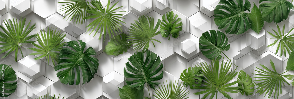 Poster a white background with green leaves and a green leafy plant. the leaves are in various sizes and sh
