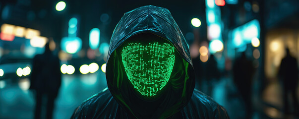 Person in a dark hooded jacket with a glowing digital mask made of green binary code in a city at night.